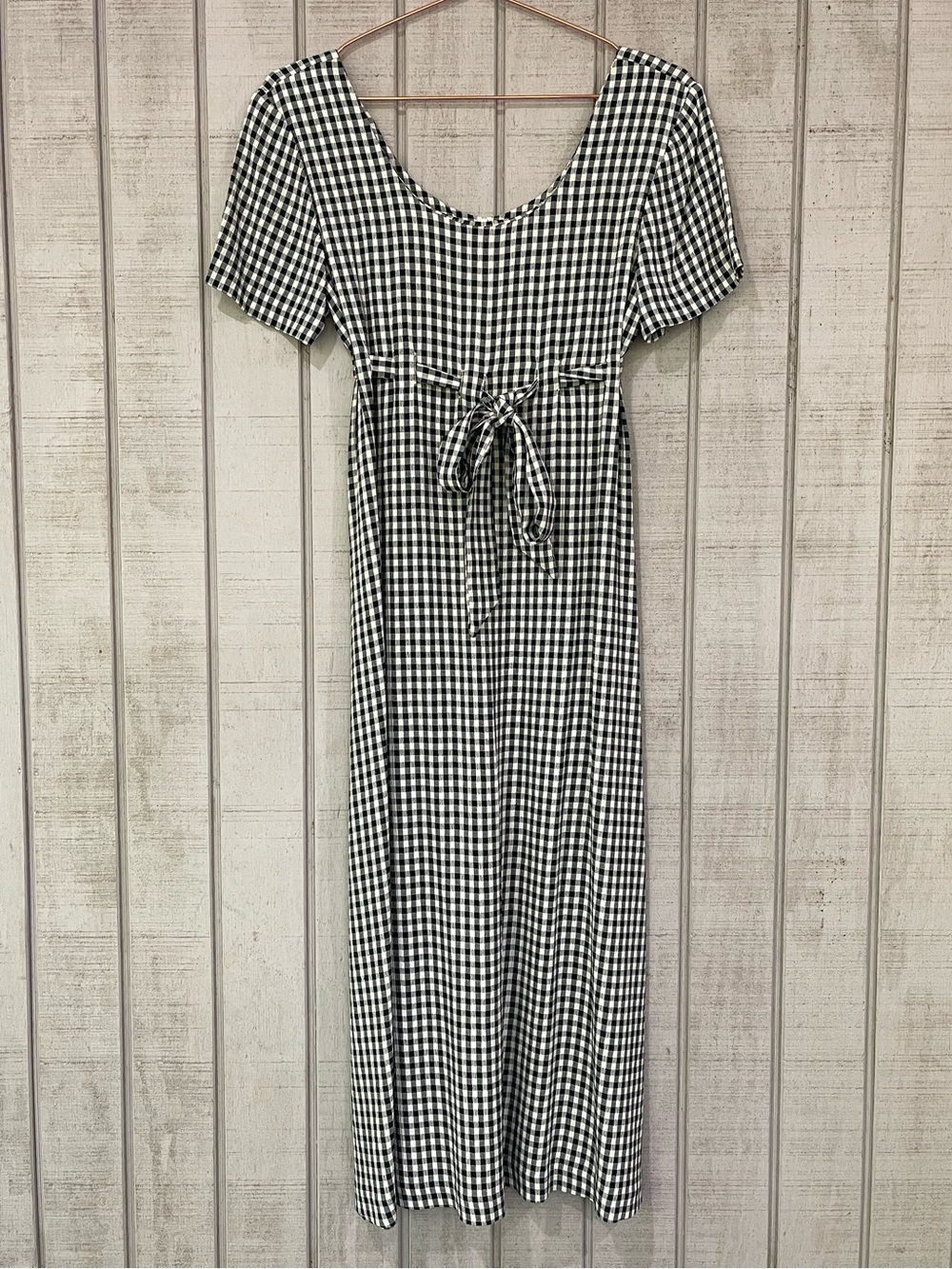 Vintage Green White Checkered Scoop Neck Tie Waist Dress 3/4 USA Cottagecore